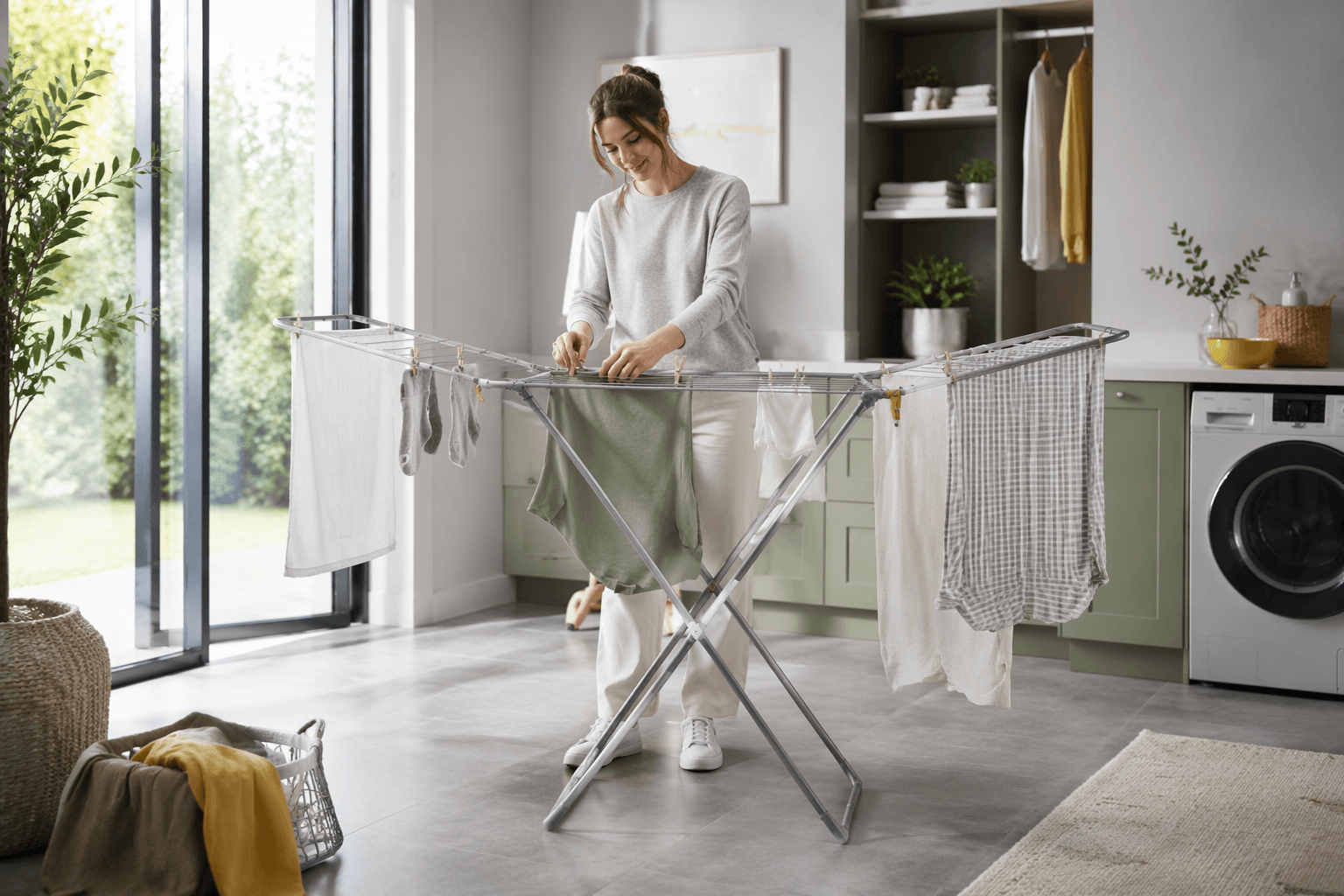 Fold-Flat Drying Rack in a laundry room setting