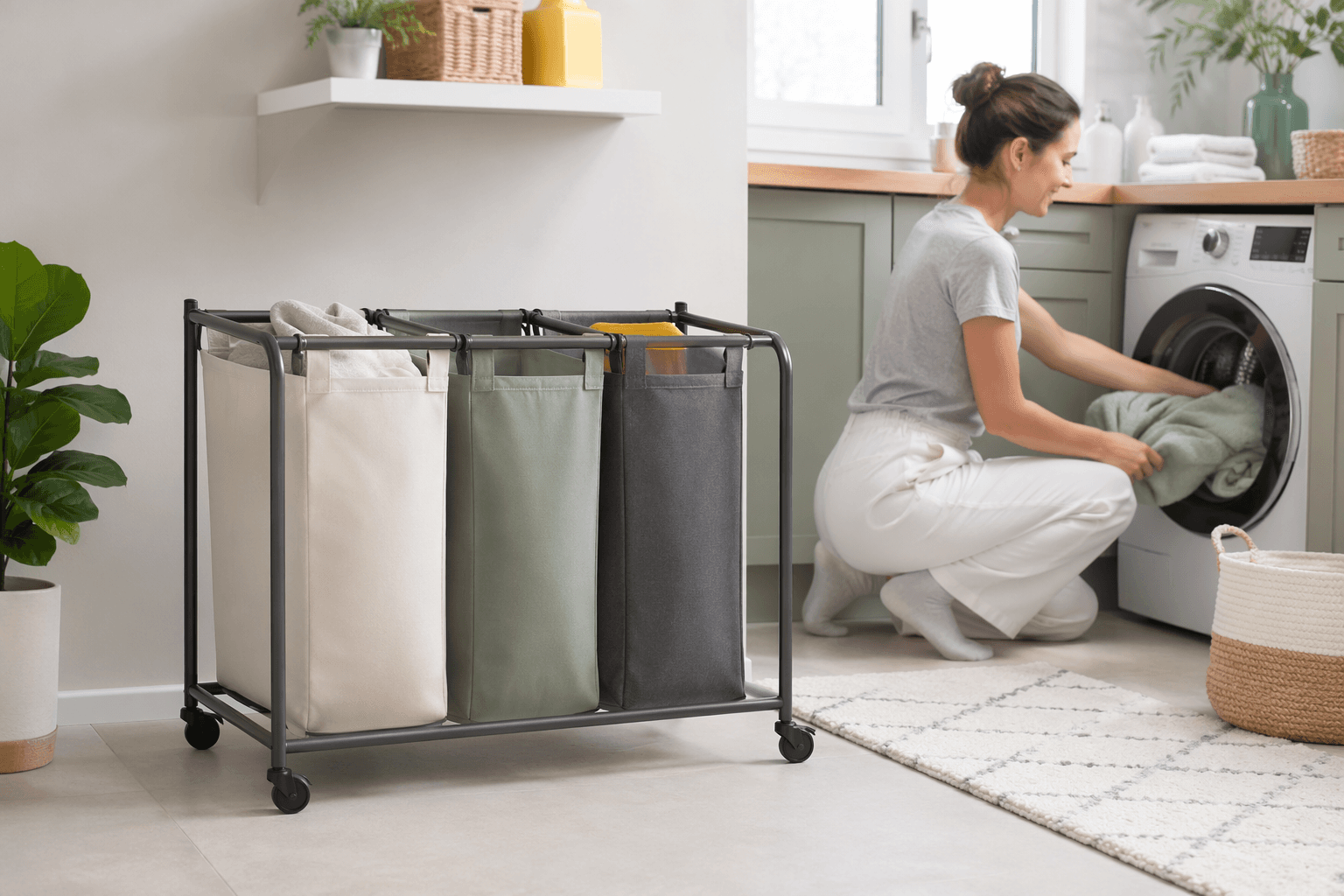 Triple Sort Laundry Hamper in a laundry room setting