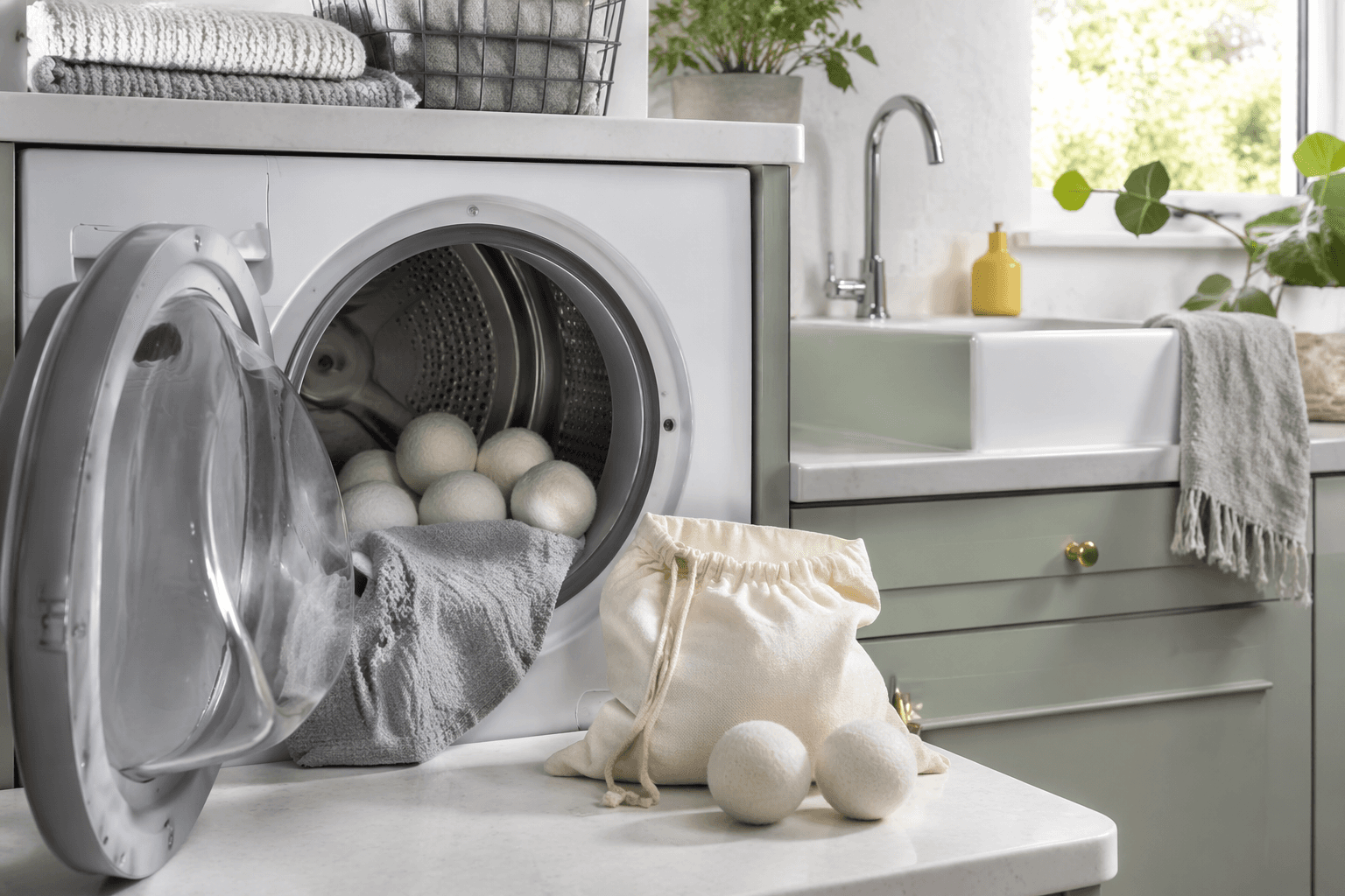 Wool Dryer Balls (8) in a laundry room setting