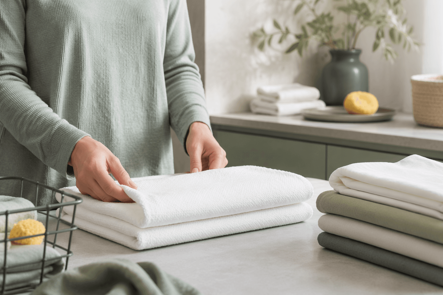 Hands folding linens at a calm, organised laundry station