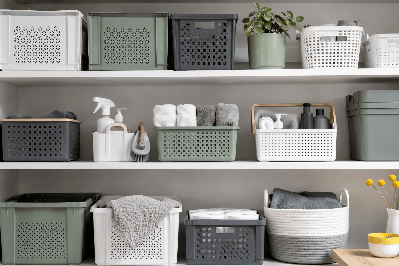 An organised utility shelf with labelled storage crates and baskets